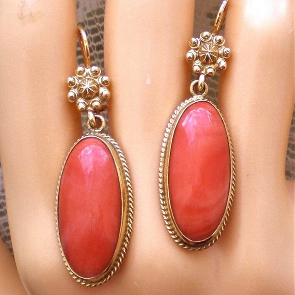 Vintage 14K Yellow Gold Large Salmon Red Coral Cabochon Dangle Drop EARRINGS - Picture 2 of 8